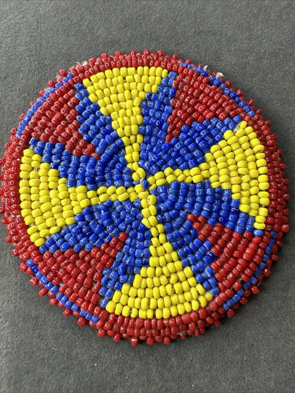 Native American Seed Bead handmade beadwork patch art navy blue,red,yellow 3”